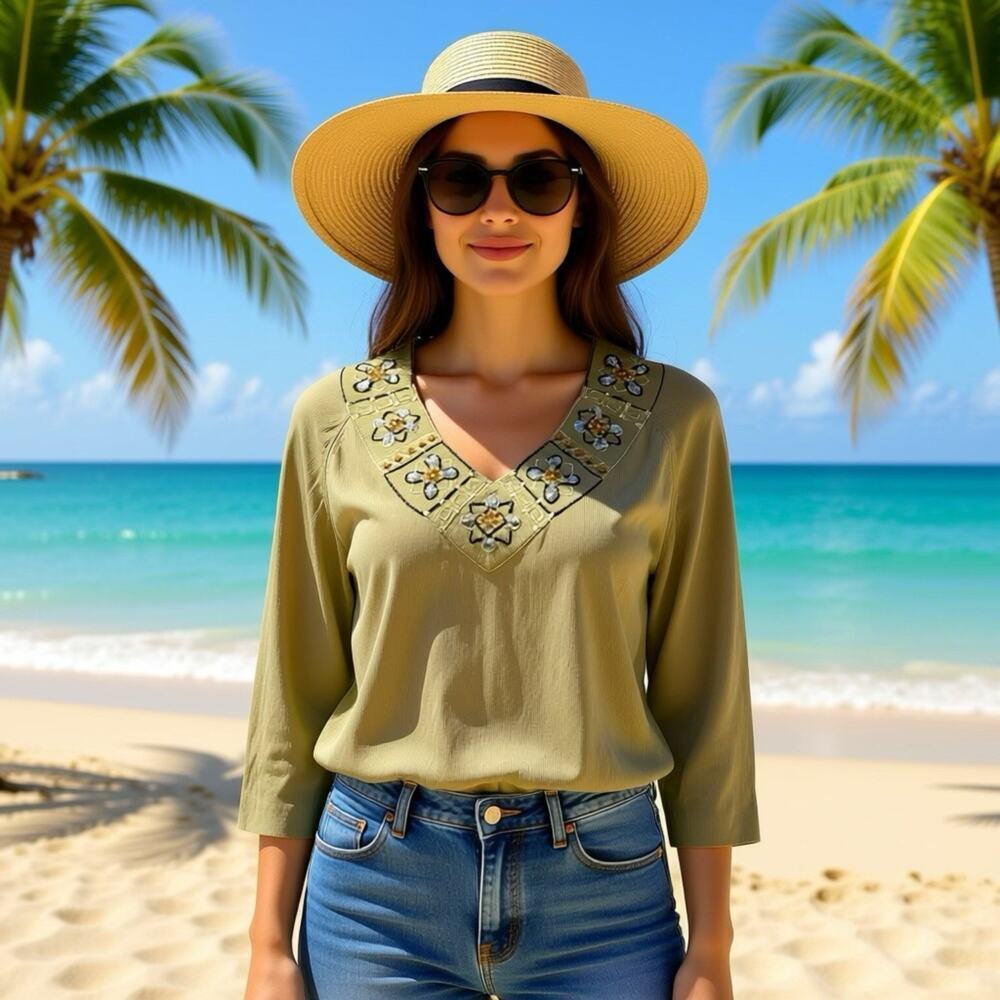 Vintage Loulou Top Women XL Green Ribbed Knit Rayon Nylon Beaded Sequins V Neck